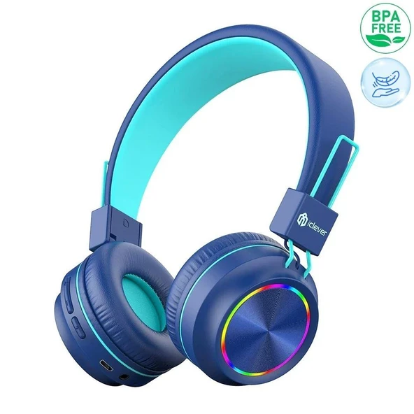 iClever Led Işıklı Güvenli Ses Sınırlı 30 Saat Oynatma Süreli Bluetooth Çocuk Kulaklığı Lacivert