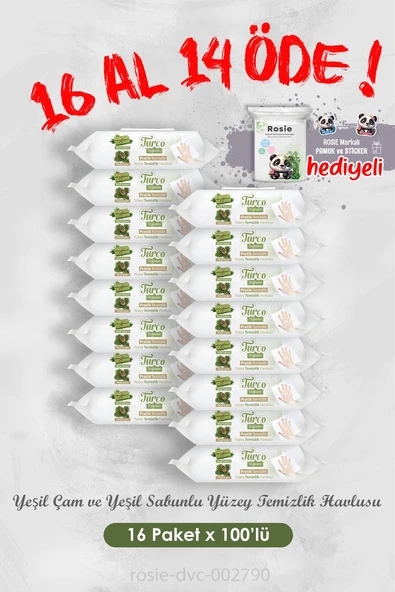 Yüzey Temizlik Havlusu 100'lü 16 Al 14 Öde Yeşil Çam ve Yeşil Sabunlu ve Rosie