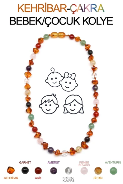 Kehribar-Çakra Doğal Taş Bebek/Çocuk Kolyesi-35 cm