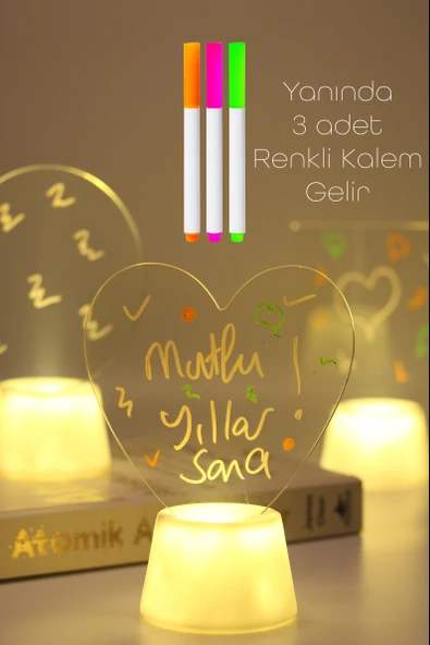 3lü LED Mum Yaz-Sil Işıklı 3 Kalemli Neon Yazı Tahtası Yazılıp Silinebilir Not Tahtası Akrilik - 7