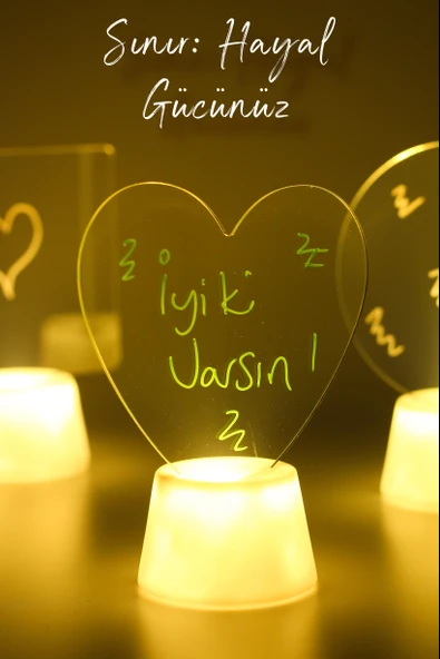 3lü LED Mum Yaz-Sil Işıklı 3 Kalemli Neon Yazı Tahtası Yazılıp Silinebilir Not Tahtası Akrilik - 3