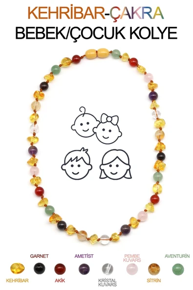 Kehribar-Çakra Doğal Taş Bebek/Çocuk Kolyesi-35 cm