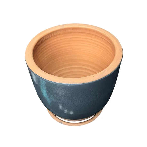 Bitki Tasarımı Solina Gri Çift Sırlı İç ve Dış Mekan Kullanımlı Toprak Terrakota Tabaklı Saksı - Resim 3