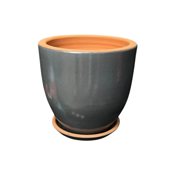 Bitki Tasarımı Solina Gri Çift Sırlı İç ve Dış Mekan Kullanımlı Toprak Terrakota Tabaklı Saksı - Resim 2