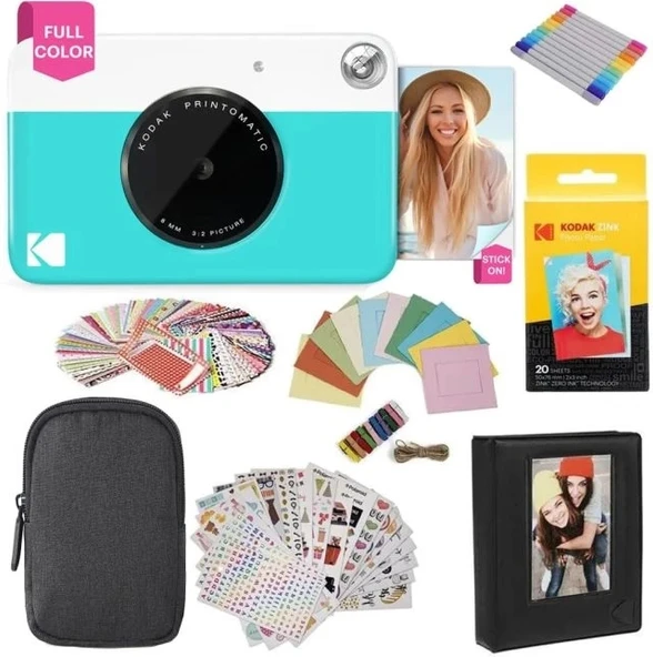 KODAK Printomatic Tam Renkli Anında Baskı Dijital Fotoğraf Makinesi - Başlangıç ​​Paketi Mavi Başlangıç Paketi