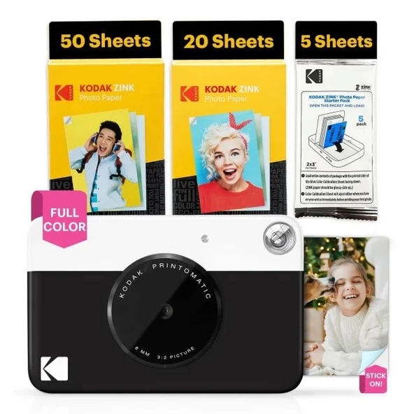 KODAK Printomatic Tam Renkli Anında Baskı Dijital Fotoğraf Makinesi - 75 Sayfalık Paket Siyah 75 Sayfalık Paket