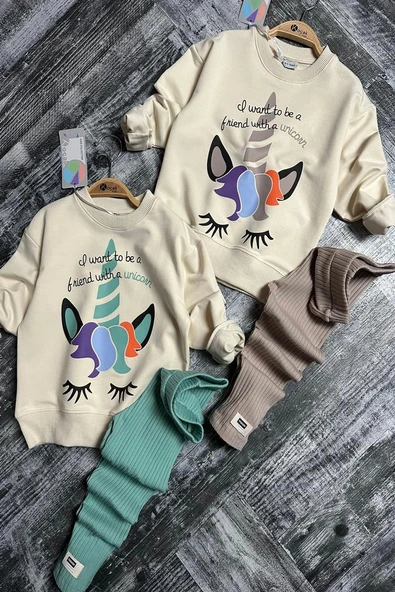 Yeni Sezon Unicorn Desenli Yeşil Renk Kız Çocuk Taytlı Takım - 3