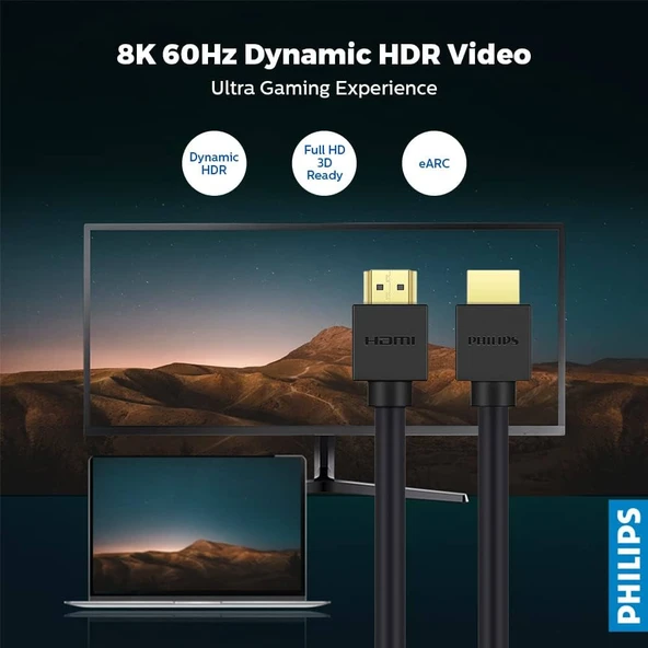 Philips SWV9431/00 Dynamic HDR 48Gbps 8K Ultra HD 24bit 192KHz 3D eARC 1.5 Metre HDMI 2.1 Kablo - 3