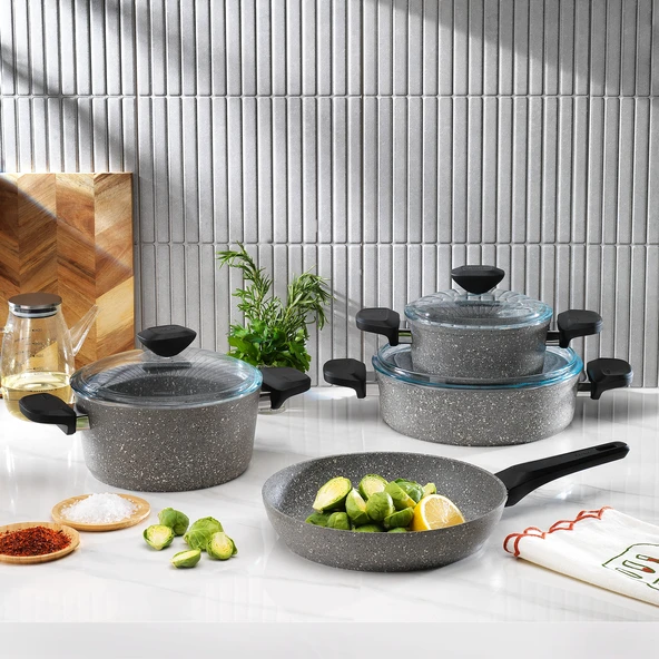 Schafer Etna Yanmaz Yapışmaz Tencere Seti 7 Parça-Gri