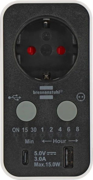 Brennenstuhl Countdown Serisi Led Ekranlı  USB ve Type-C Grişli Zaman Ayarlı Priz - 2