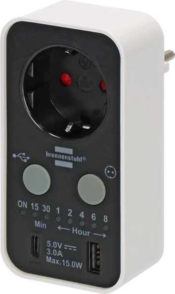 Brennenstuhl Countdown Serisi Led Ekranlı  USB ve Type-C Grişli Zaman Ayarlı Priz - 6
