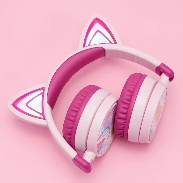 iClever Kedi Kulaklı Led Işıklı Güvenli Ses Sınırlı 60 Saat Oynatma Süreli Bluetooth Çocuk Kulaklığı Pembe - 2