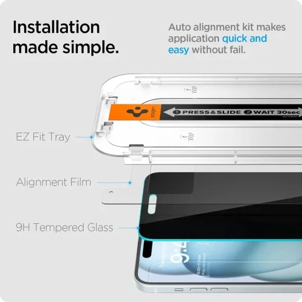 Spigen iPhone 15 Temperli Cam Ekran Koruyucu [GlasTR EZ FIT - Privacy] - 2'li Paket - 5