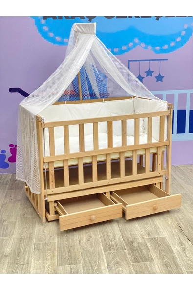Doğal Ahşap Anne Yanı Asansörlü Çekmeceli Beşik Tam Set Uyku Seti - 5