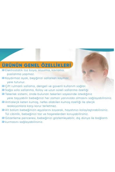 Keten Kumaş Portatif Tekerlekli Anne Yanı Cibinlikli Hamak Beşik - 4