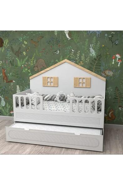 Afilli Çizgili Montessori Karyola Safir Meşe 90x190 - 2