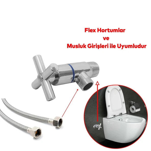 Ara Musluk Klozet Çevirmeli Taharet Musluğu Alafranga Flex Hortum Bağlantı Metal Rezervuar Wc - 3