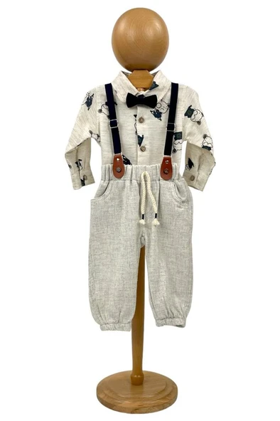 Erkek Bebek Takım Gömlek Pantalon Papyonlu Askılı Krem - 3