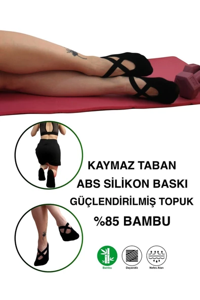 2 Çift Siyah Kaymaz Taban Silikon Baskılı Yoga Fitness Pilates Ve Aktivite Kadın Çorabı - 2