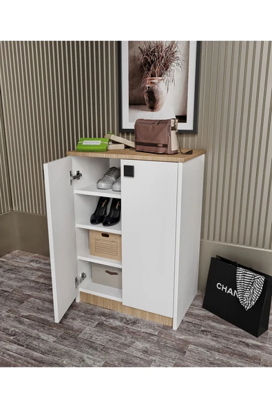 Afilli Ayakkabılık Ve Çok Amaçlı Dolap Tamamı Mdf Beyaz Garden Meşe - 4