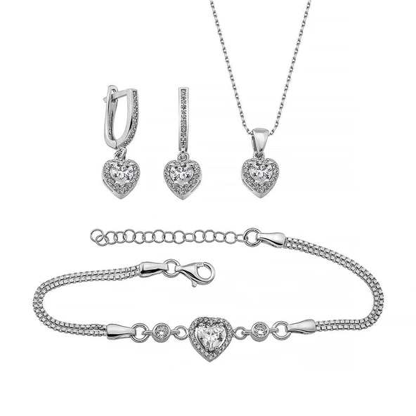 Gümüş Pazarım Rodyum Kaplama Kalp Gümüş Üçlü Set