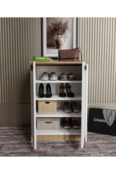 Afilli Ayakkabılık Ve Çok Amaçlı Dolap Tamamı Mdf Beyaz Garden Meşe - 3