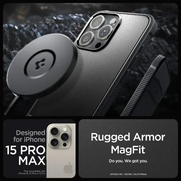 Spigen iPhone 15 Pro Max Manyetik Rugged Armor MagFit Kılıf - Matte Black - 2