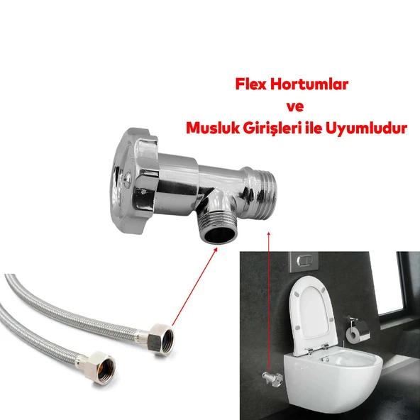 Taharet Musluğu Metal Rezervuar Çevirmeli Ara Musluk Wc Klozet Alafranga Flex Hortum Bağlantı - 2