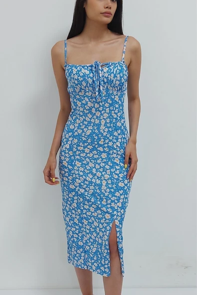 Bkmc Store Yaka Bağcıklı Kaşkorse Elbise Maviçiçekli - 2