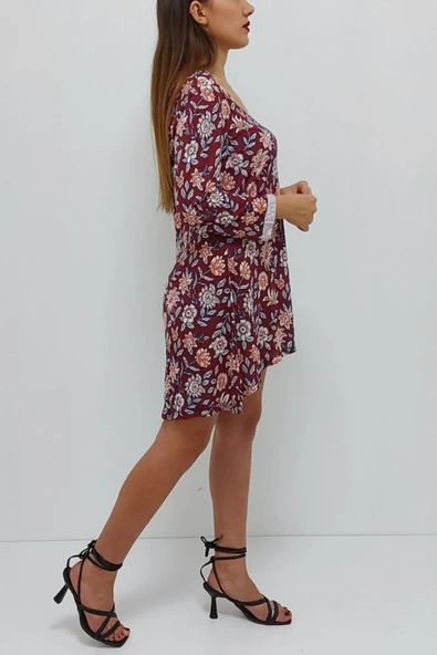 Bkmc Kısa Desenli Elbise Bordo - 3