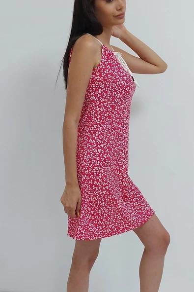 Bkmc Askılı Ön Bağcıklı Elbise Fuşyaçiçekli - 3