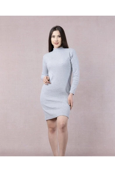 Bkmc Yarım Boğazlı Uzun Kol Elbise Gri (Lisinya) alithestereo
