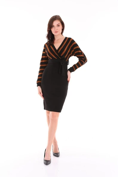 Bkmc Kadın Kahverengi Çizgi Desenli Kruvaze Yaka Kuşak Detaylı Siyah Renk Elbise