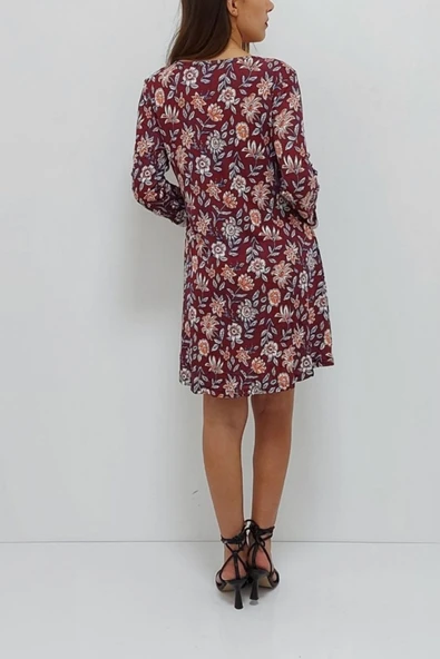 Bkmc Kısa Desenli Elbise Bordo - 5