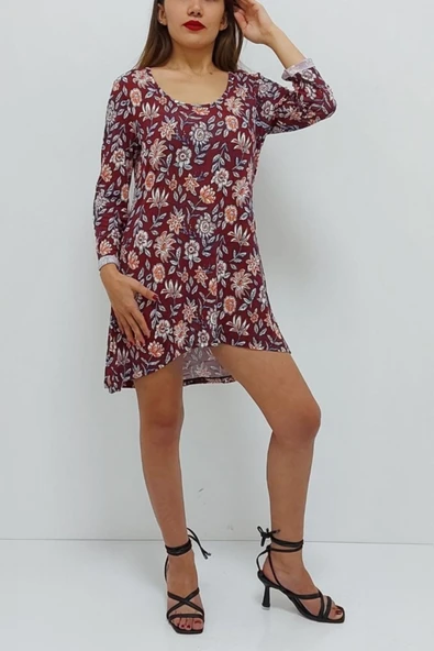 Bkmc Kısa Desenli Elbise Bordo - 2