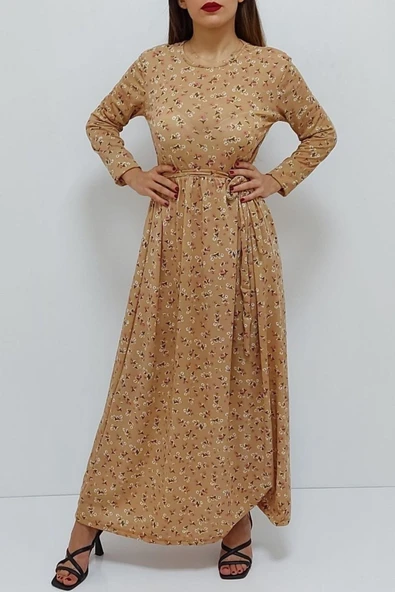 Bkmc Önden Bağlamalı Desenli Elbise Kahve