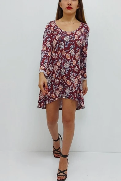 Bkmc Kısa Desenli Elbise Bordo