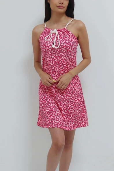 Bkmc Askılı Ön Bağcıklı Elbise Fuşyaçiçekli