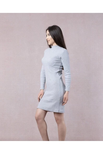 Bkmc Yarım Boğazlı Uzun Kol Elbise Gri (Lisinya) alithestereo - 3