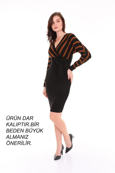 Bkmc Kadın Kahverengi Çizgi Desenli Kruvaze Yaka Kuşak Detaylı Siyah Renk Elbise - 3