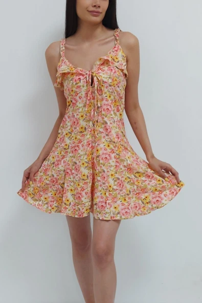 Bkmc Askılı Çiçek Desenli Elbise Ekru (clz)