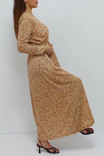 Bkmc Önden Bağlamalı Desenli Elbise Kahve - 3