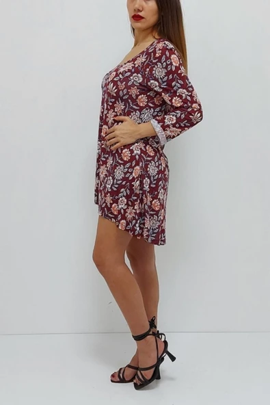 Bkmc Kısa Desenli Elbise Bordo - 4