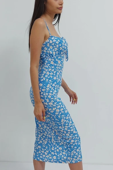 Bkmc Store Yaka Bağcıklı Kaşkorse Elbise Maviçiçekli - 4