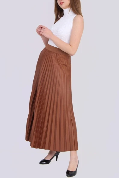 Bkmc Deri Görünümlü Pilise Etek Taba - Resim 2