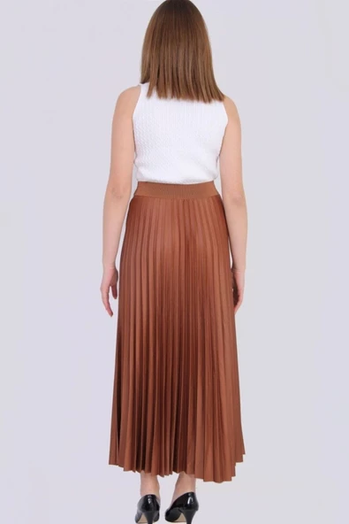 Bkmc Deri Görünümlü Pilise Etek Taba - Resim 4