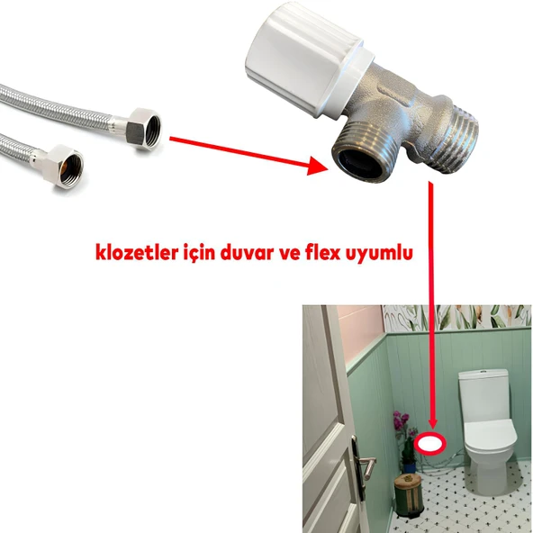Taharet Musluğu Kumlamalı Çevirmeli Metal Rezervuar Ara Musluk Wc Klozet Alafranga Flex Bağlantı - 2