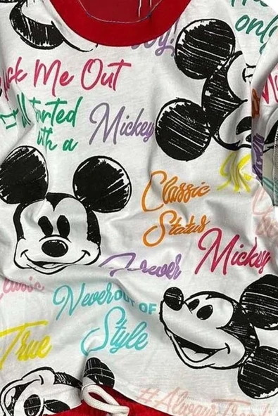 Erkek Çocuk Renkli Yazılar ve Karakter Baskılı Kırmızı Şortlu Takım - Resim 4