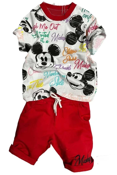 Erkek Çocuk Renkli Yazılar ve Karakter Baskılı Kırmızı Şortlu Takım ürün görseli