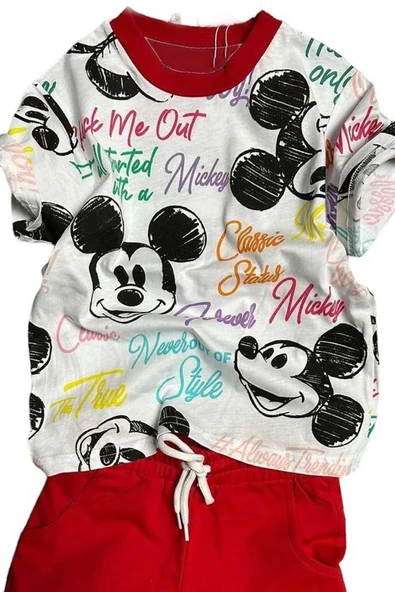 Erkek Çocuk Renkli Yazılar ve Karakter Baskılı Kırmızı Şortlu Takım - Resim 2